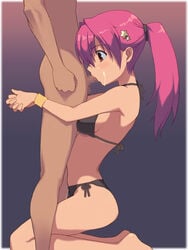 1boy 1boy1girl 1girls barefoot bikini blush brown_eyes censored cum dark-skinned_male dark_penis dark_skin deepthroat deepthroat_hug feet fellatio female interracial kneeling long_hair male nora_higuma oral original original_character penis pink_hair ponytail side-tie_bikini swimsuit tied_hair