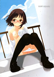 breasts brown_eyes brown_hair copyright_request glasses highres illust illustration open_clothes open_shirt otomo_megane panties panty_down panty_pull pussy_juice shirt short_hair stairs thighhighs underwear wind