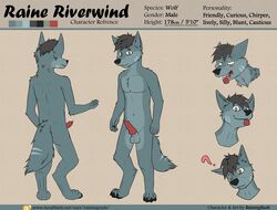 2019 ahe_gao animal_genitalia animal_penis anthro ass balls blush canid canine canine_penis canis digital_media_(artwork) fur green_eyes hair hi_res knot looking_pleasured male mammal model_sheet penis raine_riverwind rainingrush simple_background solo text wolf