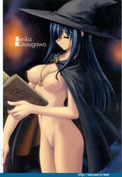 book breasts cape closed_eyes hat kurusugawa_serika long_hair medium_breasts naked_cape nude pointy_chin to_heart to_heart_(series) witch_hat