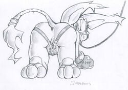 all_fours ass back_view digimon female female_only fur furry furry_ass furry_ears furry_tail gatomon glove greyscale konnykon leash looking_back monochrome open_eyes paw pointy_ears pussy solo tail vulva