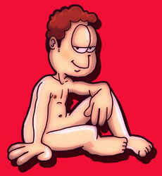 1boy convenient_censoring ekuhvielle garfield_(series) half-closed_eyes jon_arbuckle looking_at_viewer male male_only nude simple_background sitting smile solo tasteful_nudity