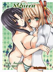 black_hair blonde_hair blue_eyes blush breast_press breasts clothes green_eyes hair_ribbon hair_ribbons jpeg_artifacts kamikita_komari kurugaya_yuiko large_breasts little_busters little_busters! long_hair nipples open_clothes open_shirt panties purple_eyes ribbon ribbons school_uniform shira_ichigo shira_ichigo_(ws) shirt short_hair underwear