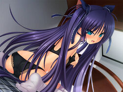 animal_ears ass bed blue_eyes blush cat_ears feet footwear game_cg kneeling lingerie little_busters little_busters! long_hair na-ga open_mouth panties purple_hair sasami_sasasegawa sasasegawa_sasami socks thighhighs underwear