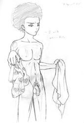 afro clothes flaccid hair holding huey_freeman human male male_only monochrome nude penis solo standing tagme the_boondocks