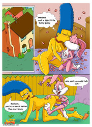 3_panel_comic 5:7 anthro arabatos artist_signature babs_bunny comic crossover female female_only fur furry human mammal marge_simpson multiple_females paheal rabbit the_simpsons tiny_toon_adventures uncensored yuri