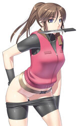 bike_shorts blue_eyes brown_hair claire_redfield female female_only human kansuke knife latex long_hair mouth_hold no_panties no_pussy novagina ponytail resident_evil resident_evil_2 shorts_down shorts_pull skin_tight solo tied_hair