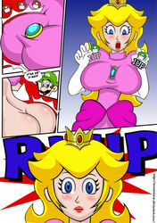 1girls 1up big_breasts breast_expansion breasts female female_only huge_breasts luigi mario_(series) nintendo princess_peach solo solo_female straight_hair super_mario_bros. toontinkerer