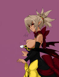 black_sclera blonde_hair bow breasts dark_persona demon_girl detached_sleeves disgaea disgaea_2 dress dress_pull earrings hair_ornament highres jewelry large_breasts necklace nippon_ichi_software pointy_ears red_eyes rozalin suigintouin surprised sweatdrop wings zenon