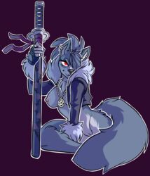 anthro areola bottomless breasts canine clothed clothing ear_piercing female hair hair_over_eye jewelry kippy mammal melee_weapon necklace nipple_piercing nipples open_jacket piercing pussy simple_background solo sword weapon wolf