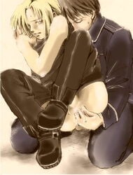 2boys anal_fingering edward_elric fullmetal_alchemist gay male male_only military_uniform roy_mustang tagme undressing