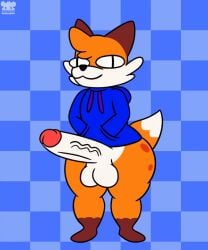 animated anthro balls big_penis canid canine clothing cross-eyed fox freckles freckles_on_butt genitals hoodie male male_focus male_only mammal penis short_stack simple_background solo solo_male soups_(superiorfox) teddydeadybear topwear