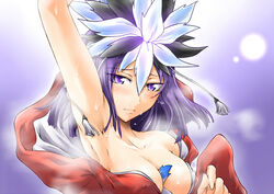 amane_kuzuryuu armpits bare_shoulders between_breasts breasts cleavage clothing devil_survivor erect_nipples erect_nipples_under_clothes headdress hoodie kuzuryu_amane kuzuryuu_amane large_breasts megami_ibunroku_devil_survivor megami_tensei purple_eyes purple_hair segami_daisuke short_hair smell sweat tail_between_breasts wet