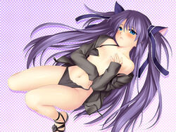 blue_eyes bra highres lingerie little_busters little_busters! open_bra open_clothes open_shirt panties purple_hair sasami_sasasegawa sasasegawa_sasami shirt side-tie_panties tied_hair twintails underwear zen