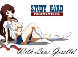 azielarcangel brown_hair giselle_(pokemon) long_hair loose_socks open_shirt pokemon school_uniform skirt