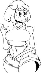 belly_button big_breasts black_and_white breasts_apart claire_&_james clarissa_macias clothed crop_top denim_shorts empty_eyes eyebrows eyelashes huge_thighs larger_female looking_away no_color pantylines short_hair short_shirt short_shorts short_sleeves sketch surprised taller_female thedomely thick_thighs toned_female toned_stomach white_background white_body youtube youtuber