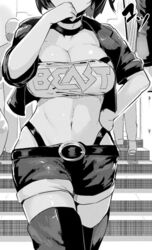 1girls 2017 bandeau belt black_and_white botan_mochito breasts choker cleavage dithering japanese_text medium_breasts midriff monochrome navel original short_hair shorts streetwear thigh_boots toned