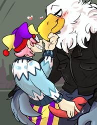 accipitrid accipitriform ambiguous_gender animal_crossing anthro apollo_(animal_crossing) ass avian avian_penis bald_eagle beak biker_jacket bird blush bodily_fluids bottomwear butt_squish cirkus clothed clothing duo eagle eye_contact eyewear feathers flirting fool's_hat genitals glasses grey_body grey_feathers hair half-closed_eyes half_lidded_eyes handjob hat headgear headwear heart holding_butt holding_chin human jacket larger_male leaning leaning_forward leather leather_clothing leather_jacket leather_topwear looking_at_another male male/male mammal masturbation mayorcharlie_(cirkus) multicolored_body musclegut narrowed_eyes nintendo pants partially_clothed pattern_bottomwear pattern_clothing pattern_pants penile penile_masturbation penis pink_hair red_penis sea_eagle sex simple_background size_difference smaller_male smile squish standing standing_position standing_sex striped_bottomwear striped_clothing striped_pants stripes sweat sweatdrop sweater tapering_penis topwear video_games white_body white_feathers wing_hands