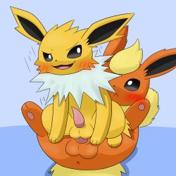 absurd_res anal anal_sex ass balls blush duo eeveelution feral flareon generation_1_pokemon genitals hi_res jolteon male male/male male_penetrated male_penetrating male_penetrating_male nintendo open_mouth pawpads paws penetration penile penile_penetration penis penis_in_ass pokemon pokemon_(species) red_body sex spread_legs spreading tokumei_tm yellow_body