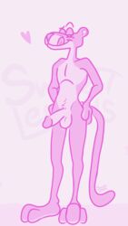 anthro balls bedroom_eyes eyebrows feet felid fingers fur furry genitals hands_on_hips heart hi_res looking_at_viewer male mammal multicolored_body multicolored_fur narrowed_eyes pantherine paws penis pink_body pink_fur pink_nose pink_panther pink_panther_(series) pink_penis pink_tongue pose presenting presenting_balls presenting_penis seductive simple_background smile smiling_at_viewer solo solo_focus standing sweet.lemons toes tongue tongue_out