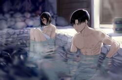 1boy 1girls abs areolae attack_on_titan big_penis black_hair blush breasts cleavage completely_naked completely_naked_female completely_naked_male completely_nude completely_nude_female completely_nude_male embarrassed feet female hot_spring imminent_incest invertoalbedo levi_ackerman long_hair looking_away male mikasa_ackerman muscular muscular_male naked naked_female naked_male nipples nude nude_female nude_male one_breast_out penis shingeki_no_kyojin short_hair sitting steam towel water wet_body