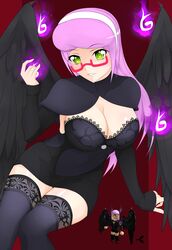 1girls ao1sweet aoitamon artist_signature big_breasts black_clothing black_legwear black_sleeves black_stockings black_thighhighs black_wings breasts cleavage cleavage_cutout clothed clothed_female eyebrows_visible_through_hair feathered_wings female female_only glasses green_eyes hairband image legwear long_hair long_sleeves looking_at_viewer magic magic_user navel_line pale-skinned_female pale_skin pink_hair purple_flame red_background red_glasses roblox roblox_avatar simple_background sitting sleeves smile solo solo_female stocking thighhighs thighs white_hairband wings