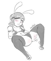 2021 arzonaut ass ass ass_grab ben_10 big_ass big_butt blush bra bunny_ears bunnysuit butt_grab cartoon_network clothing footwear gwen_tennyson monochrome short_hair simple_background tagme thick_thighs thighhighs