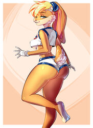 anthro ass back_view basketball_uniform blue_eyes clothed furry gloves hi_res leg_up lola_bunny looking_at_viewer looking_back looney_tunes pinup ponytail rabbit rabbit_humanoid shiny_skin shorts simple_background smile solo solo_focus space_jam standing tail underboob warner_brothers xdtopsu01