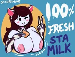 1girls areolae big_breasts breasts cow_ears cow_girl cow_print cowbell elbow_gloves female female_only gloves huge_breasts jaiden jaiden_animations jaidenanimations lactation mob_face nude octoramune onomatopoeia slosh sloshing sloshing_breasts solo tagme text v wink winking youtube youtuber