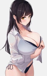 1girls black_hair bra breasts cleavage female hi_res huge_breasts long_hair original panties re0n schoolgirl see-through see-through_clothing shirt solo undressing white_background yellow_eyes