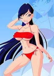 1girls big_breasts bikini blue_eyes blue_hair breasts cameltoe cleavage eyeshadow lipstick makeup musa musa_(winx_club) pinup pose posing red_bikini smile smiling solo swimsuit tagme thin_waist underboob wasp_waist winx_club zfive