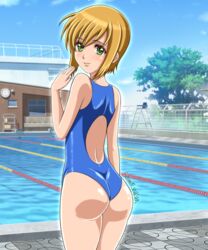 1boy 2d 2d_(artwork) ass blonde_hair boku_no_pico boy crossdressing femboy girly green_eyes heracy human male one-piece_swimsuit pico_(boku_no_pico) samiruukun short_hair sissy solo swimming_pool swimsuit trap young