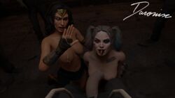 2girls 3d 3d_(artwork) arm_bracers batman_(series) big_breasts black_hair blender breasts cum cum_on_face dasovix dc dc_comics dc_extended_universe dceu facial female female_focus flaccid_penis gal_gadot harley_quinn harley_quinn_(injustice) heroine knee_boots light-skinned_female light_skin margot_robbie nipples olive_skin partial_male penis pov skirt straight suicide_squad superheroine supervillainess tiara tongue tongue_out unseen_male_face villainess wonder_woman wonder_woman_(series)