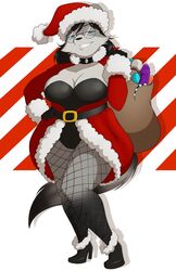 anthro bag black_hair breasts cheek_tuft christmas christmas_clothing christmas_headwear cleavage clothed clothing dildo evonallure facial_tuft female fishnet fishnet_legwear footwear fur grey_body grey_fur hair hat headgear headwear hi_res high_heels holidays legwear mammal procyonid raccoon santa_hat sex_toy shoes solo tuft vibrator