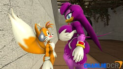 3d avian beak bird blue_eyes breasts charliedcr clothing duo eyelashes female fox fur gloves imminent_sex larger_female male purple_body size_difference smaller_male smile sonic_(series) tails wave_the_swallow white_body