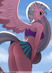 2020 anthro ass avian beak bodily_fluids bottomwear cheerleader cheerleader_outfit chrysalisdraws clothed clothing digital_media_(artwork) european_mythology feathered_wings feathers female friendship_is_magic genital_fluids greek_mythology hair hasbro hi_res hippogriff long_hair looking_back multicolored_hair multicolored_tail my_little_pony mythological_avian mythology no_underwear purple_eyes pussy_juice pussy_juice_string shirt silverstream_(mlp) skirt smile solo text topwear two_tone_hair upskirt url wings