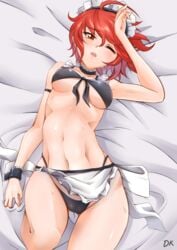 1girls dakideekei dakimakura deekei exhausted female fire_emblem fire_emblem_fates hinoka_(fire_emblem) maid nintendo on_back one_eye_closed orange_eyes red_hair short_hair solo solo_female sweat underboob