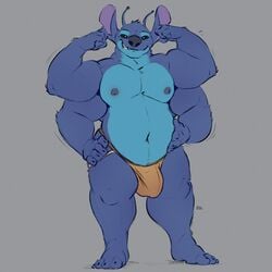 1boy 2021 4_arms 5_fingers alien belly big_belly black_eyes blue_fur bulge clothing disney ear full_body grin interspecies jockstrap lilo_and_stitch male male_only minedoo monster multi_arm multi_limb nipples penis_bulge penis_under_clothes solo stitch underwear