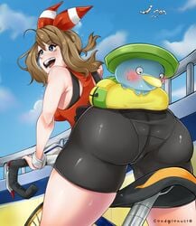 1girls 2021 ass ass_focus background bicycle bike bike_shorts blush condylonucla cycling huge_ass latex lotad may_(pokemon) may_(pokemon_oras) nintendo outdoors outside panties pokemon pokemon_oras sky thighs wingull