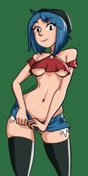 belly belly_button breasts female female_protagonist hat looking_at_viewer shorts skimpy skimpy_clothes thigh_cleavage thighhighs thighs underboob