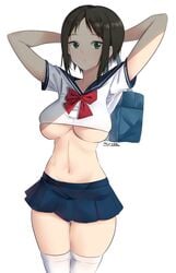 1girls atlus bow breasts green_eyes marie_(persona_4) persona persona_4 persona_4_the_golden sailor_collar sailor_uniform school_uniform short_skirt skirt steeb tagme underboob