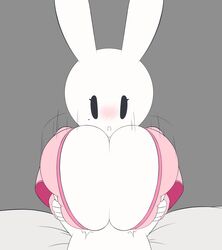 beauty_mark bed big_dom_small_sub blush breast_squish cleavage clothed duo empty_eyes featureless_breasts femdom furry grey_background holding_breasts k--10 larger_female looking_at_another looking_at_partner male/female male_on_bottom malesub mob_face mole_under_eye motion_lines o_o older_female open_mouth paizuri pink_clothing rabbit simple_background simple_eyes simple_face skin_tight smaller_male squeezing_breast titjob white_body white_fur younger_male