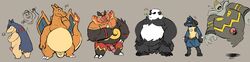 2019 absurd_res anthro balls belly black_body blue_body blue_fur charizard emboar erection flaccid fur genitals group hi_res long_image lucario male male_only micropenis nintendo orange_body overweight overweight_male pangoro penis pokemon pokemon_(species) pure_command simple_background small_penis typhlosion video_games white_body wide_image