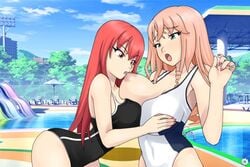 2girls acquiescence acquiescent_female big_breasts bite breast_grab breast_press breast_sucking breasts female female_focus female_only game_cg leaning_forward lesbian looking_pleasured maiko_umiya multiple_girls nipple_licking nipple_suck nipples open_mouth outside phia_(umichan) pink_hair public red_hair screencap spiralvortexplay surprised ttrop umichan umichan_maiko_classroom_havoc_(umch) vortex00 water water_park yuri