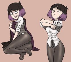 1girls accurate_art_style ass centinel303 clothing curvy_hips feet female goth goth_girl grey_vest hilda_(series) human kaisa_(hilda) medium_breasts netflix official_style outerwear pale_skin panties pantyhose pantylines pose posing purple_hair see-through see-through_clothing short_two_tone_hair taking_clothes_off two_tone_hair vest witch