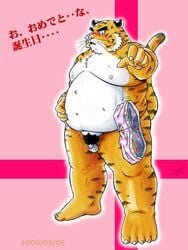 2006 3:4 anthro balls belly blush clothing felid fur furry genitals humanoid_genitalia humanoid_hands humanoid_penis japanese_text kemono male mammal micropenis mind_drive mizuse_higomaru moobs nipples overweight overweight_anthro overweight_male pantherine penis small_penis solo text tiger underwear white_body white_fur yellow_body yellow_fur