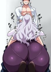 1boy black_hair blush collared_shirt from_behind huge_ass human idolmaster implied_fellatio implied_oral large_ass long_hair muscular_male open_mouth open_shirt pleasure_face producer_(idolmaster) shijou_takane short_hair straight tawashi1623 white_hair