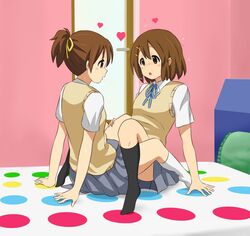 2girls brown_hair clothed clothed_female clothed_sex clothing female female_only hair_ornament heart heavy_breathing hirondo incest indoors k-on! legwear looking_at_another multiple_females multiple_girls non-nude school_uniform siblings sister sisters skirt slq straddling tribadism twister ui_hirasawa_(k-on!) yui_hirasawa_(k-on!) yuri