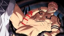 1boy abs arm_tattoo ass bar_censor bara black_hair censored chest_tattoo erection evil_grin evil_smile facial_mark grin highres itadori_yuuji jujutsu_kaisen kimono_removed kuroshinki male male_focus male_only multi_eye muscular muscular_male navel nipples nude pectorals penis pink_hair red_eyes reward_available ryoumen_sukuna_(jujutsu_kaisen) short_hair shoulder_tattoo smile solo spiked_hair spread_legs tattoo thick_thighs thighs undercut veins veiny_penis