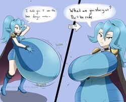 big_breasts blue_eyes blue_hair boots breast_expansion cape clair_(pokemon) digestion digestion_noises earrings english_text female implied_vore latex_suit looking_at_viewer nomopolitainia pokemon pokemon_gsc ponytail same_size_vore signature simple_background speech_bubble stomach_noises text thick_thighs voluptuous vore vore_belly watermark weight_gain wide_hips